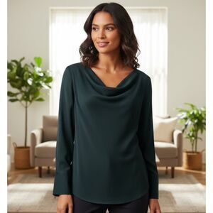 BCBGMAXAZRIA Blouse Black Ceanna Cowl Neck Top Long Sleeve Womens XS